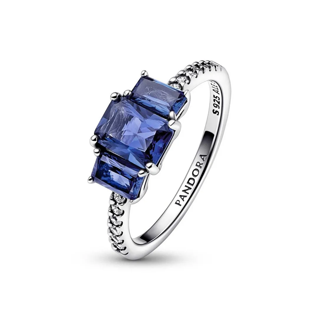 Pandora Bague Scintillante Trio de Pierres Rectangulaires Bleues - Timeless | Femme Bague