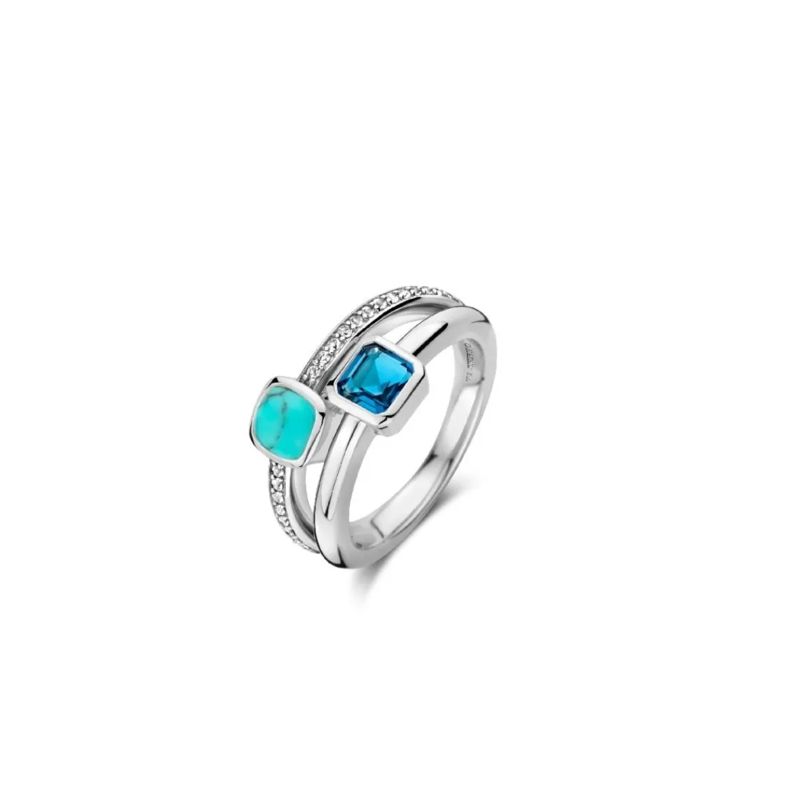 Ti Sento Bague - 12326DB Argent Rhodié Multi Joncs Pierres Synthétiques Bleue Et Turquoise | Femme Bague