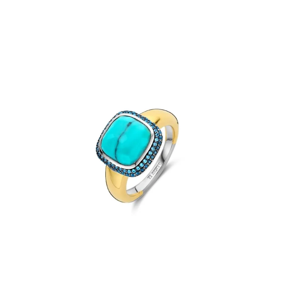 Ti Sento Bague - 12330TQ Argent Doré Et Pierre Synthétique Turquoise Carrée Serti D'Oxydes De Zirconium | Femme Bague