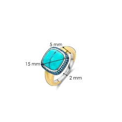 Ti Sento Bague - 12330TQ Argent Doré Et Pierre Synthétique Turquoise Carrée Serti D'Oxydes De Zirconium | Femme Bague