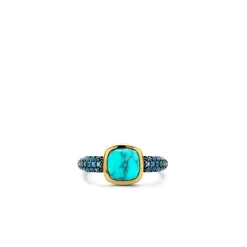 Ti Sento Bague - 12331TQ Argent Doré Et Pierre Synthétique Turquoise Carrée Et Pavage Bleu | Femme Bague