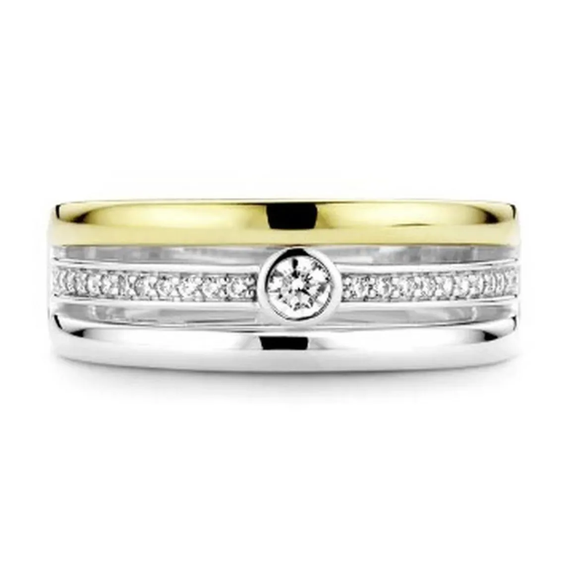 Ti Sento Bague 12094ZY - Bague Argent Doré 3 Rangs Zirconium Femme | Femme Bague