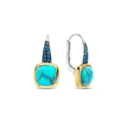 Ti Sento Boucles D'Oreilles - 7969TQ Argent Doré Pierre Veinée Turquoise Carré Et Oxydes De Zirconium Bleus | Femme Boucles D'Oreilles