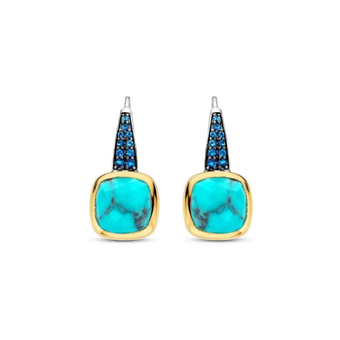 Ti Sento Boucles D'Oreilles - 7969TQ Argent Doré Pierre Veinée Turquoise Carré Et Oxydes De Zirconium Bleus | Femme Boucles D'Oreilles