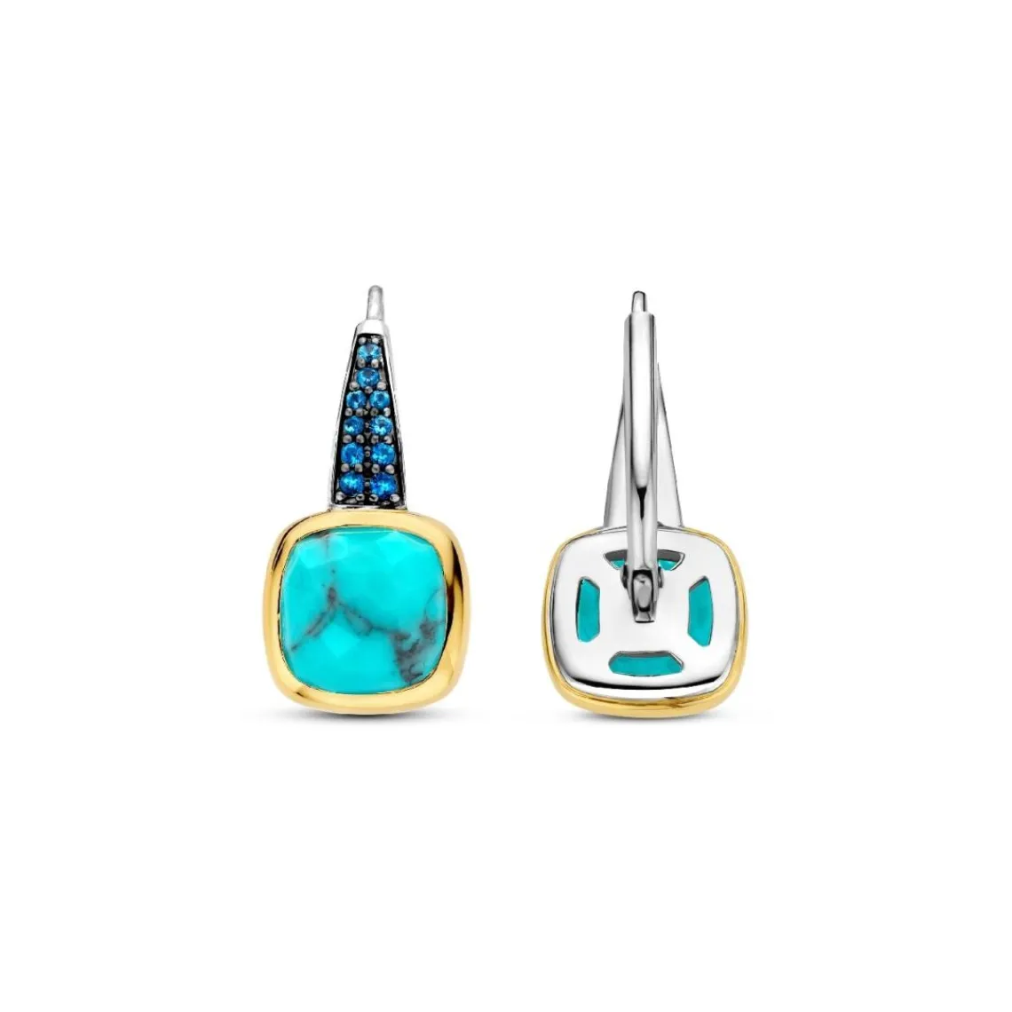 Ti Sento Boucles D'Oreilles - 7969TQ Argent Doré Pierre Veinée Turquoise Carré Et Oxydes De Zirconium Bleus | Femme Boucles D'Oreilles