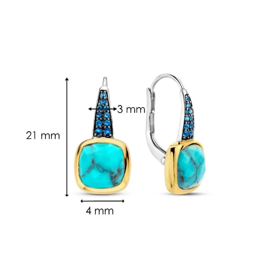 Ti Sento Boucles D'Oreilles - 7969TQ Argent Doré Pierre Veinée Turquoise Carré Et Oxydes De Zirconium Bleus | Femme Boucles D'Oreilles