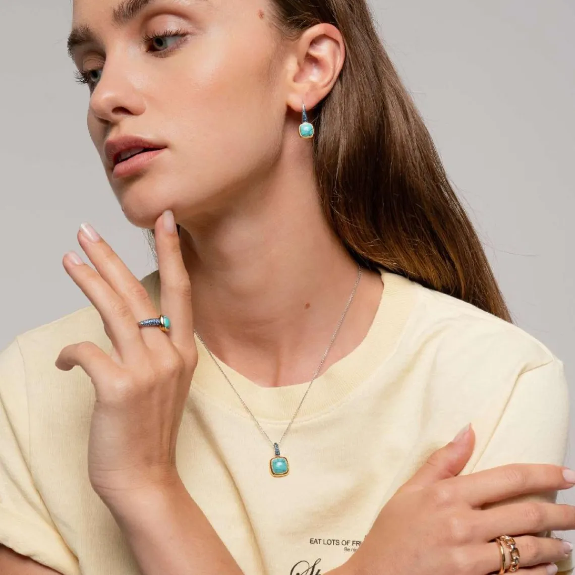 Ti Sento Boucles D'Oreilles - 7969TQ Argent Doré Pierre Veinée Turquoise Carré Et Oxydes De Zirconium Bleus | Femme Boucles D'Oreilles