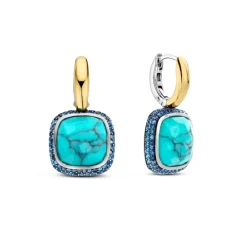 Ti Sento Boucles D'Oreilles - 7968TQ Argent Doré Pierre Veinée Turquoise Carré Et Oxydes De Zirconium Bleus | Femme Boucles D'Oreilles