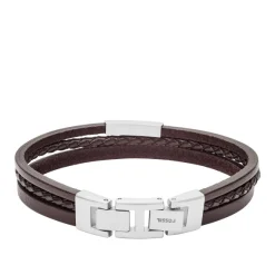 Fossil Bijoux Bracelet Fossil JF03323040 - VINTAGE CASUAL Fermoir Acier Argenté Cuir Marron Homme | Homme Bracelet