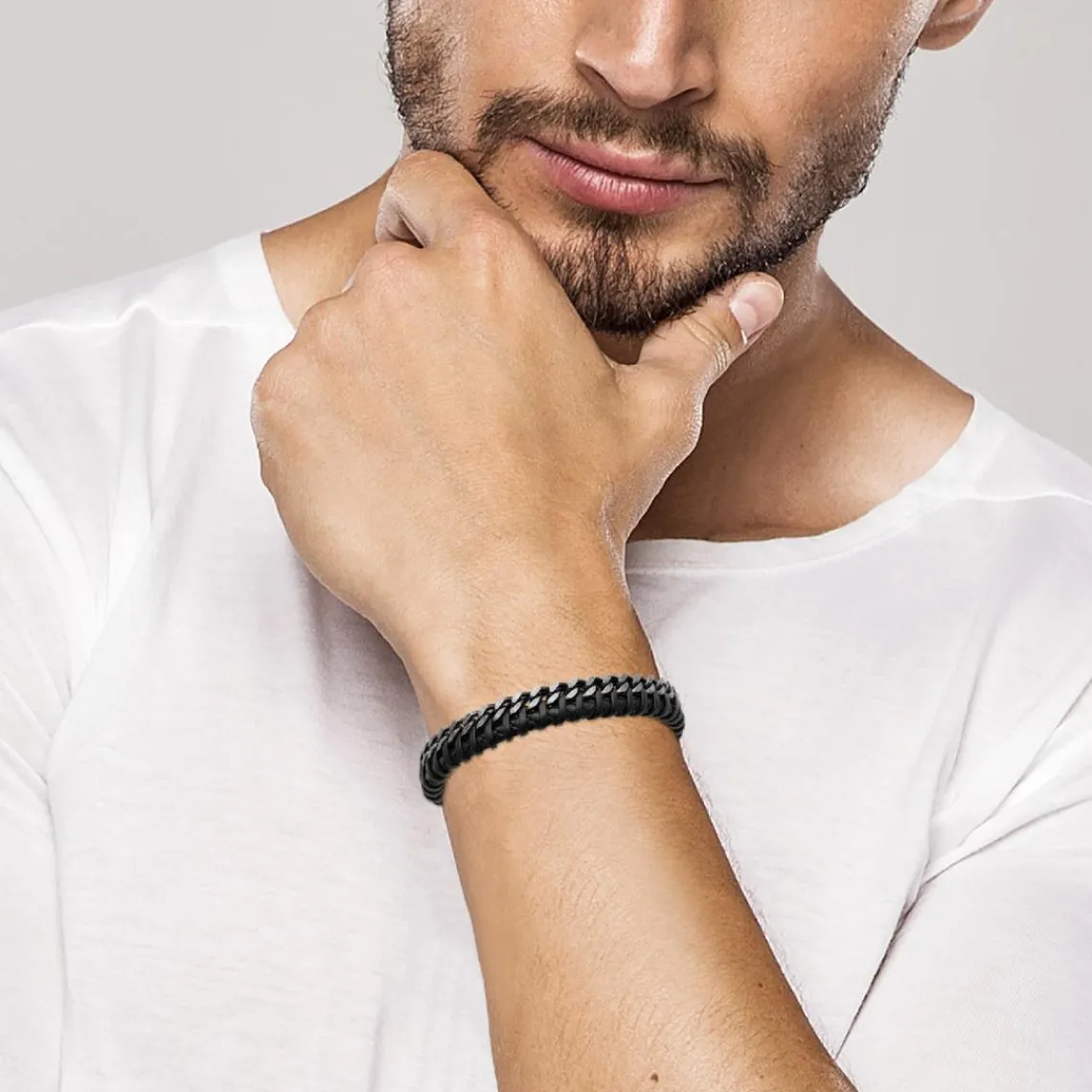 Maison de la Bijouterie Bracelet Homme acier cuir tressé noir 3ZYZYZYZ | Homme Bracelet