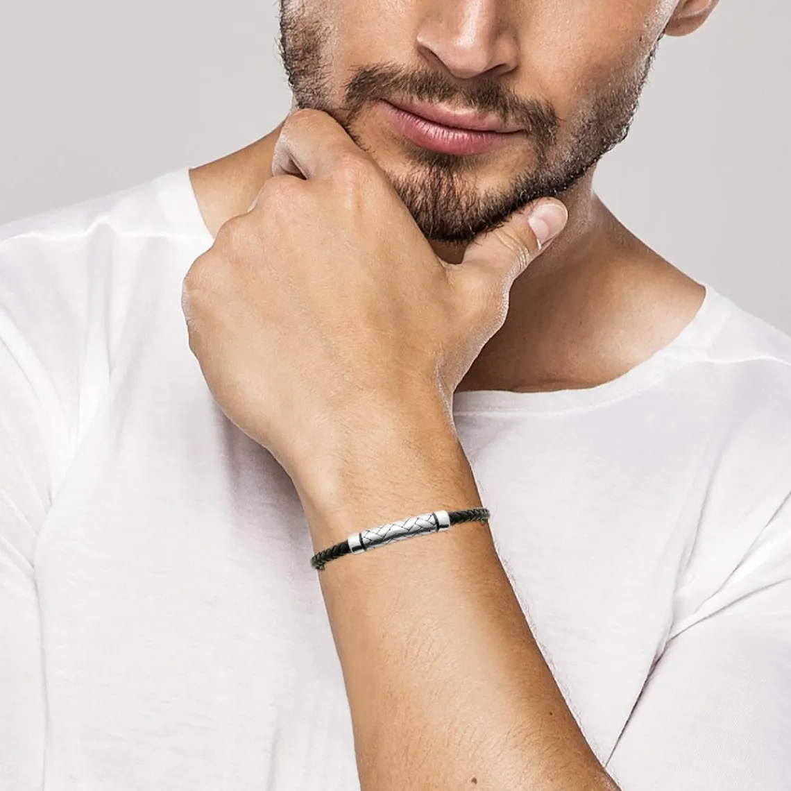 Maison de la Bijouterie Bracelet Homme acier cuir tressé noir 3ZYZ30YZ | Homme Bracelet