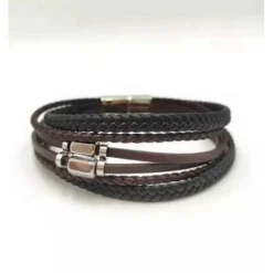 Redskins Bracelet Bijoux 285606 - Homme Noir et Marron en Cuir Tressé et Acier - Perles Plates et Allongées | Homme Bracelet