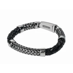 Redskins Bracelet Bijoux 285527 - Homme en Cuir Tressé Épais et Acier- Gravure Feuillage | Homme Bracelet