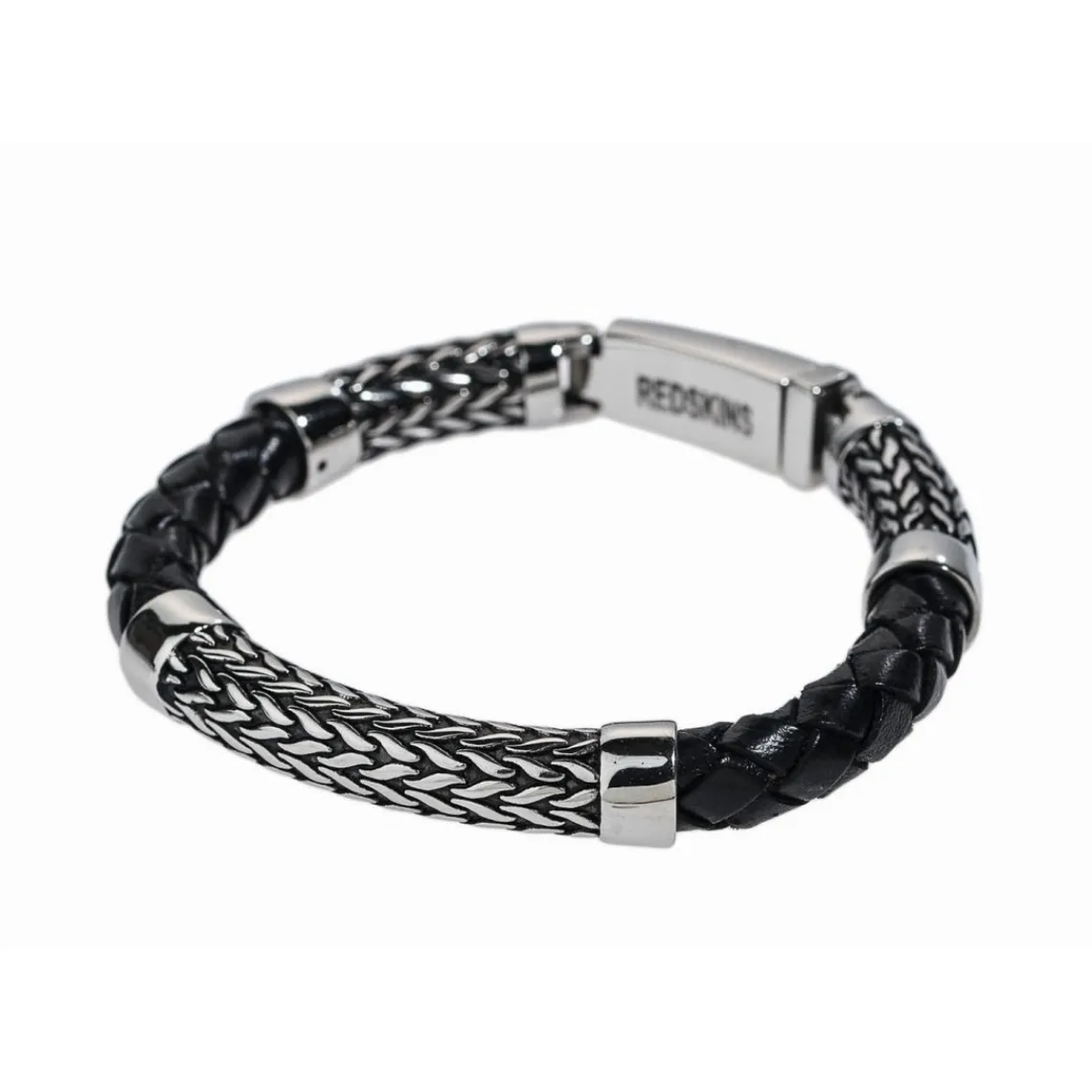 Redskins Bracelet Bijoux 285527 - Homme en Cuir Tressé Épais et Acier- Gravure Feuillage | Homme Bracelet