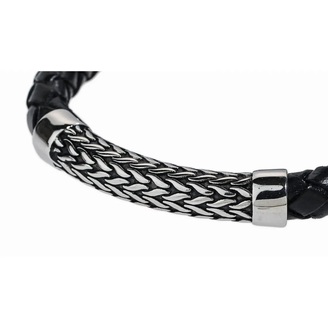 Redskins Bracelet Bijoux 285527 - Homme en Cuir Tressé Épais et Acier- Gravure Feuillage | Homme Bracelet