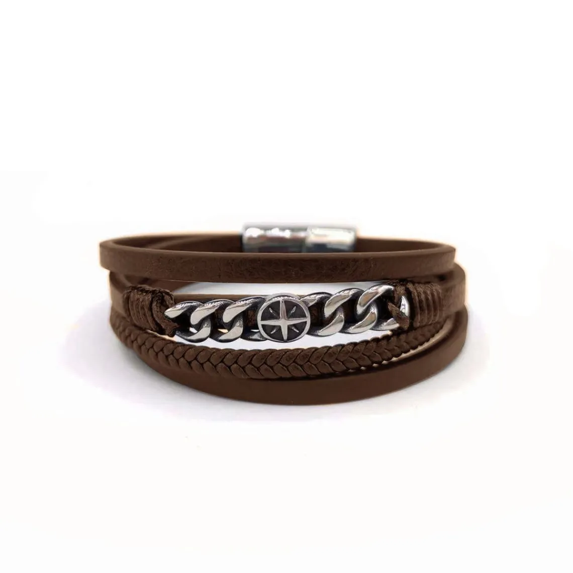 Redskins Bracelet Bijoux 285603 - Homme Marron en Cuir Tressé et Acier - Chaînette Gourmette et Rose des Vents | Homme Bracelet