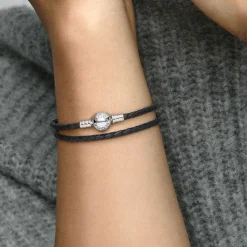 Pandora Bracelet Double tresse en Cuir Noir Bijoux | Femme Bracelet