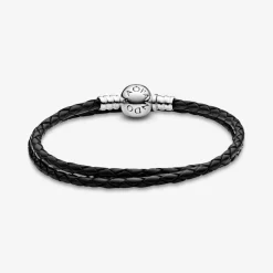 Pandora Bracelet Double tresse en Cuir Noir Bijoux | Femme Bracelet