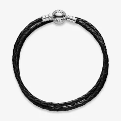 Pandora Bracelet Double tresse en Cuir Noir Bijoux | Femme Bracelet