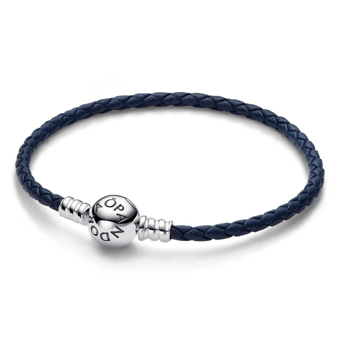 Pandora Bracelet en Cuir Tressé Bleu Fermoir Céleste Moments | Femme Bracelet
