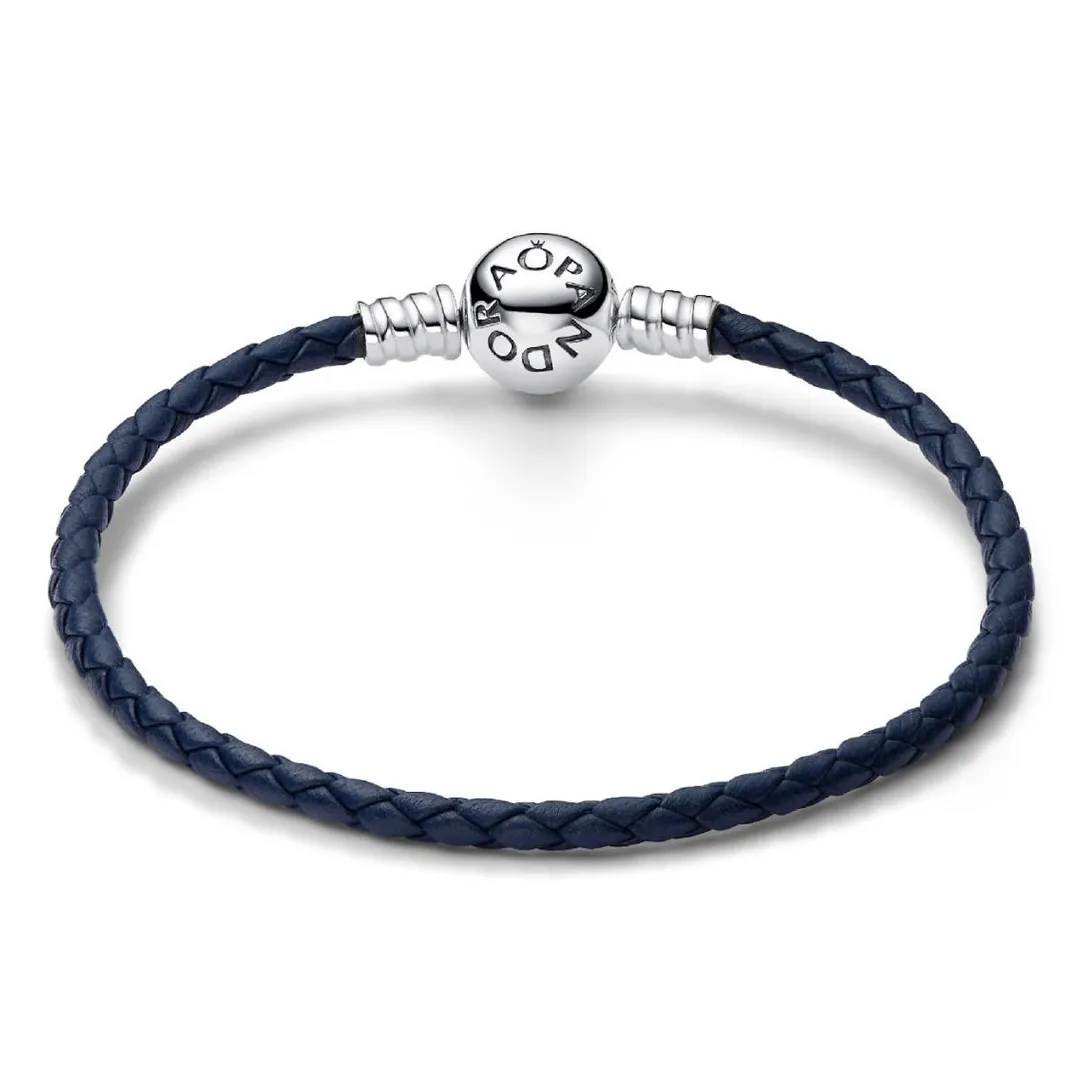 Pandora Bracelet en Cuir Tressé Bleu Fermoir Céleste Moments | Femme Bracelet