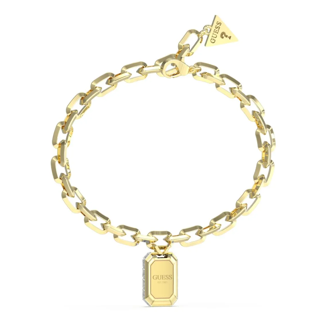 Guess Bijoux Bracelet Hashtag Guess Acier Doré Maille Gm Et Pampille Cartouche Pavée De Zircons Cubiques | Femme Bracelet
