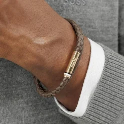 Boss Bijoux Bracelet Homme Ares - 1580670M Acier, Cuir Marron, Doré | Homme Bracelet