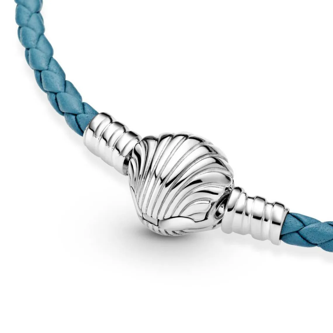 Pandora Bracelet Moments en Cuir Tressé Turquoise Fermoir Coquillage | Femme Bracelet