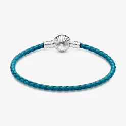 Pandora Bracelet Moments en Cuir Tressé Turquoise Fermoir Coquillage | Femme Bracelet