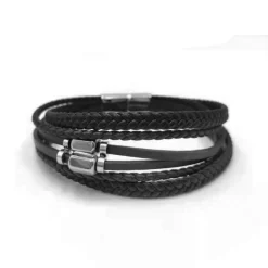 Redskins Bracelet Bijoux 285605 - Homme Noir en Cuir Tressé et en Perles d'Acier Plates et Allongées | Homme Bracelet