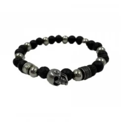 Redskins Bracelet Bijoux 285530 - Homme en Perles de Lave Onyx Noir et Acier - Tête de Mort | Homme Bracelet