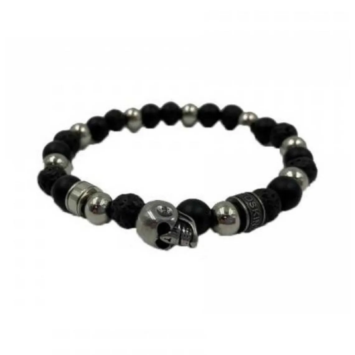 Redskins Bracelet Bijoux 285530 - Homme en Perles de Lave Onyx Noir et Acier - Tête de Mort | Homme Bracelet