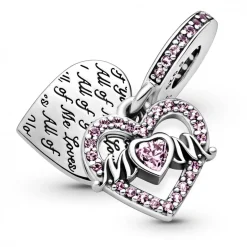 Pandora Charm Double Pendant Cœur gravé & Cœur Mum cristaux rose Passions | Femme Charms