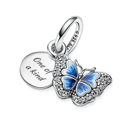 Pandora Charm double pendant Moments Papillon bleu scintillant & Citation | Femme Charms