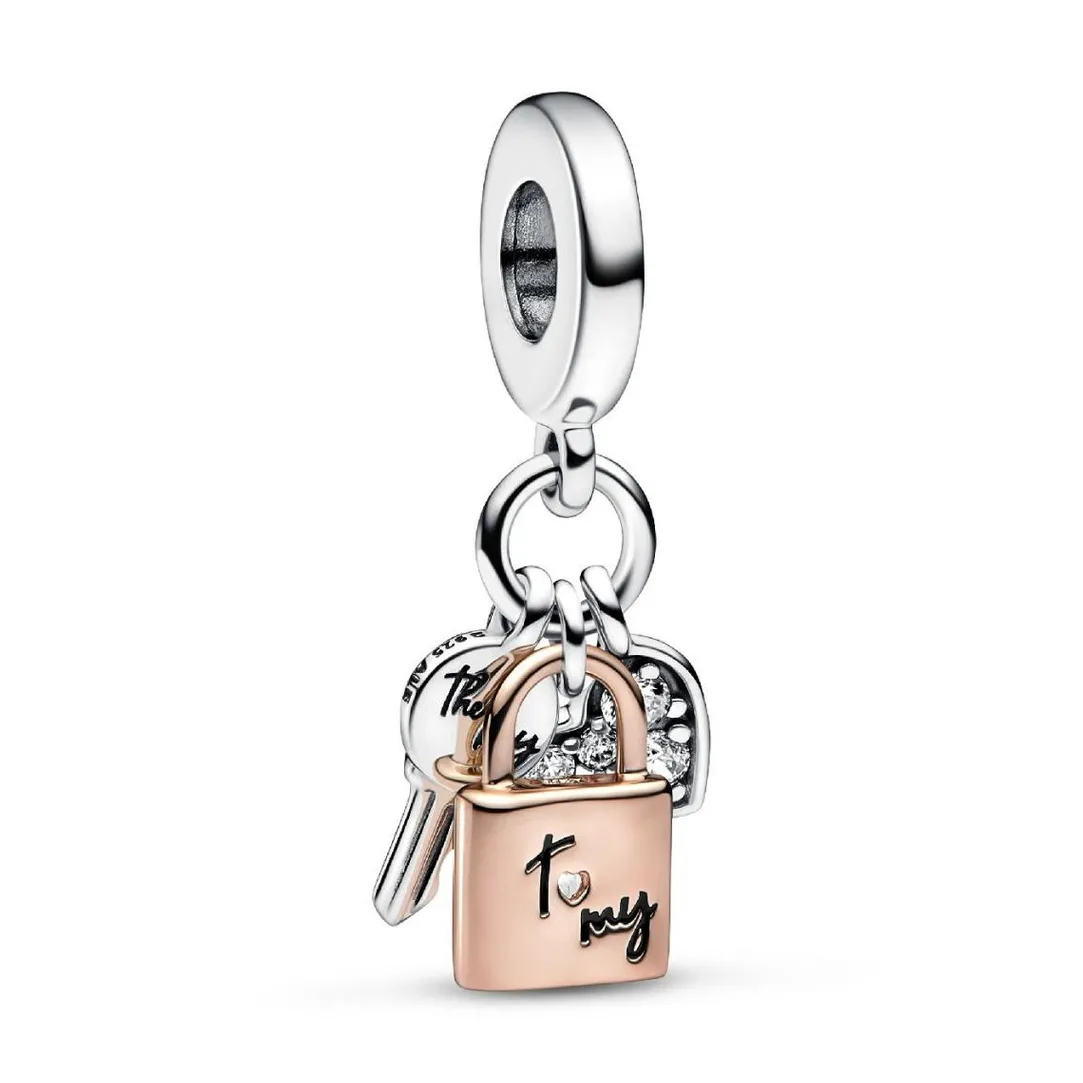Pandora Charm Pendant 782506C01 - Triple Bimatière Cœur, Cadenas et Clef | Femme Charms