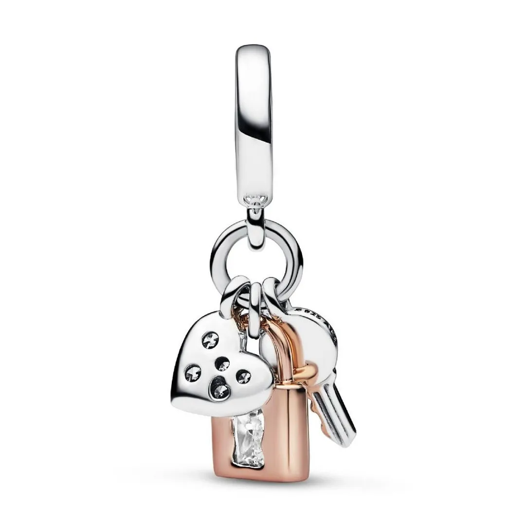 Pandora Charm Pendant 782506C01 - Triple Bimatière Cœur, Cadenas et Clef | Femme Charms