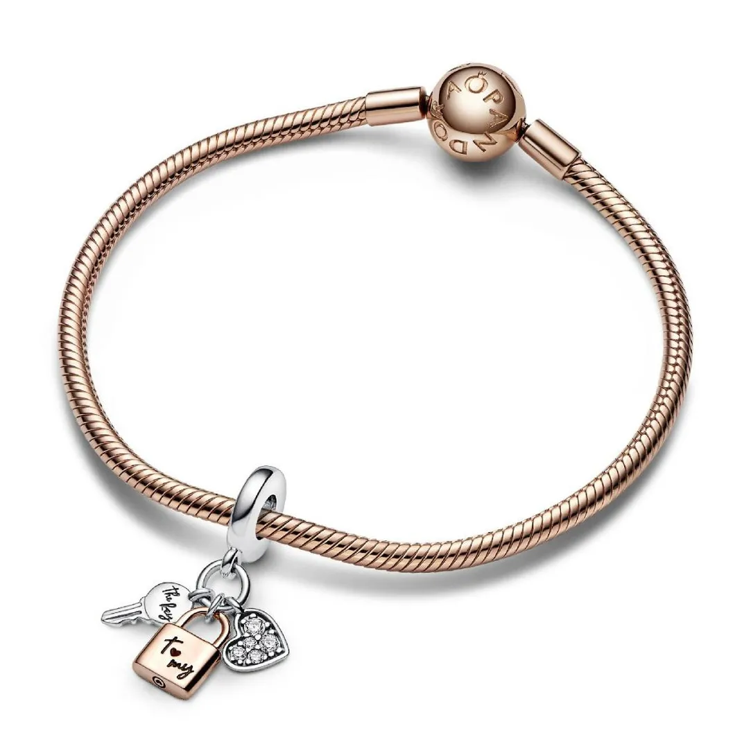 Pandora Charm Pendant 782506C01 - Triple Bimatière Cœur, Cadenas et Clef | Femme Charms