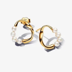 Pandora Clous d’Oreilles Cercle Organique Doré et Perles de Culture | Femme Boucles D'Oreilles