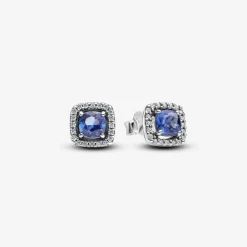 Pandora Clous d’Oreilles Halo Bleu Carré Scintillant | Femme Boucles D'Oreilles