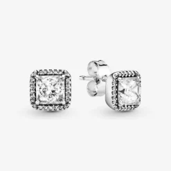Pandora Clous d'Oreilles Signature Halo Scintillant Carrés | Femme Boucles D'Oreilles