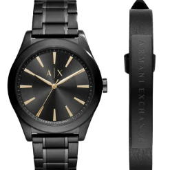 Armani Exchange Coffret Montre AX7102 - Bracelet en cuir noir et acier plaqué noir + Montre Bracelet Acier Noir Boitier Acier Noir Homme | Homme Bracelet|Noir
