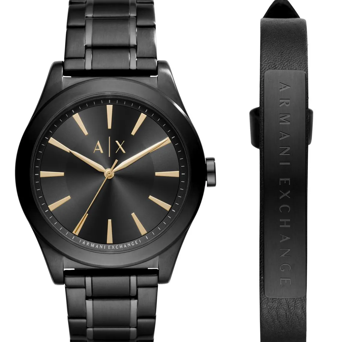 Armani Exchange Coffret Montre AX7102 - Bracelet en cuir noir et acier plaqué noir + Montre Bracelet Acier Noir Boitier Acier Noir Homme | Homme Bracelet|Noir