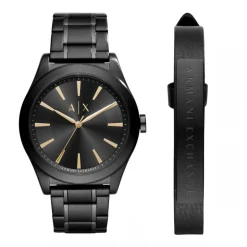 Armani Exchange Coffret Montre AX7102 - Bracelet en cuir noir et acier plaqué noir + Montre Bracelet Acier Noir Boitier Acier Noir Homme | Homme Bracelet|Noir