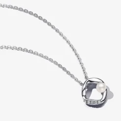 Pandora Collier en argent sterling avec perle d'eau douce de culture traitée blanche et zircon cubique transparent | Femme Collier Et Pendentif