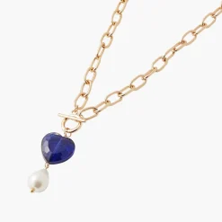 Balaboosté Collier Femme Court Fermoir T Avec Perle D'Imitation Et Perle Forme Cœur - 3502456532762 Métal Bleu | Femme Collier Et Pendentif