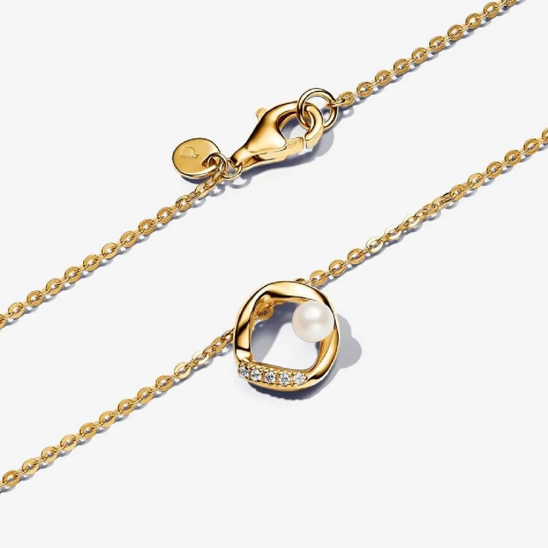 Pandora Collier plaqué or 14 carats avec perle d'eau douce de culture traitée blanche et zircon cubique transparent | Femme Collier Et Pendentif