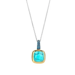 Ti Sento Pendentif - 6829TQ Argent Doré Et Pierre Synthétique Turquoise Carrée Bélière Pavée | Femme Collier Et Pendentif