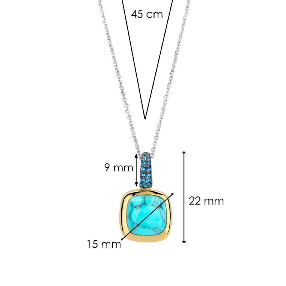 Ti Sento Pendentif - 6829TQ Argent Doré Et Pierre Synthétique Turquoise Carrée Bélière Pavée | Femme Collier Et Pendentif