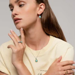 Ti Sento Pendentif - 6829TQ Argent Doré Et Pierre Synthétique Turquoise Carrée Bélière Pavée | Femme Collier Et Pendentif